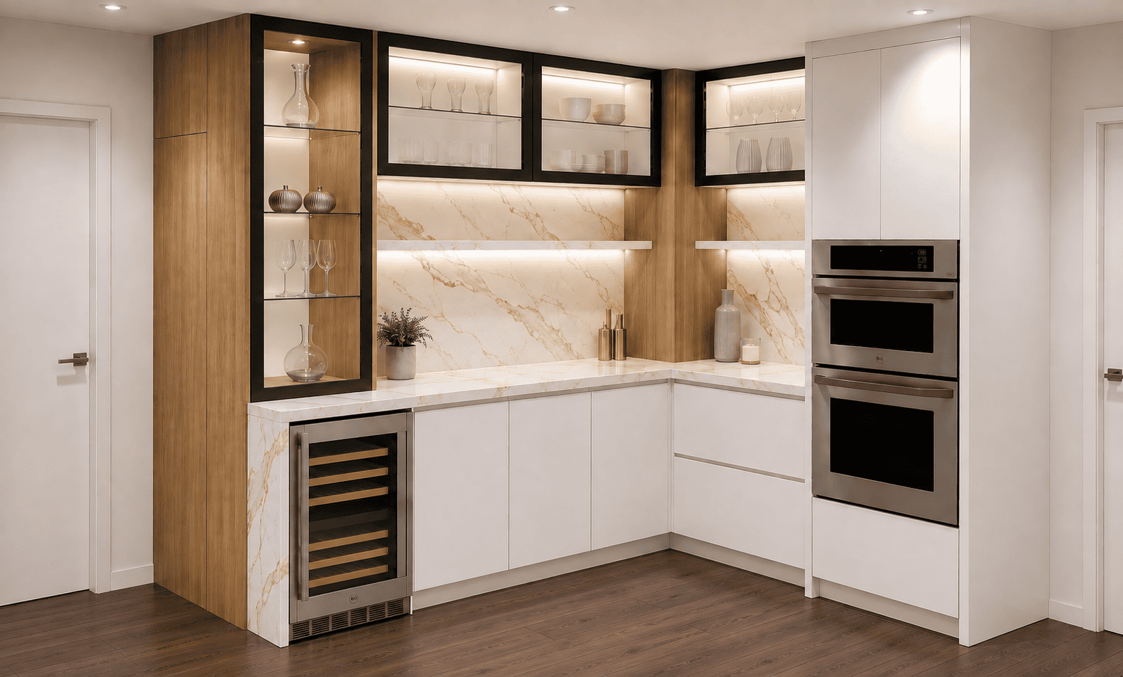 Contemporary Kitchen With Mixed Wood, White Cabinetry, And Black Framed Glass Front Uppers Kitchen Remodel by White Hawk Corp project photo